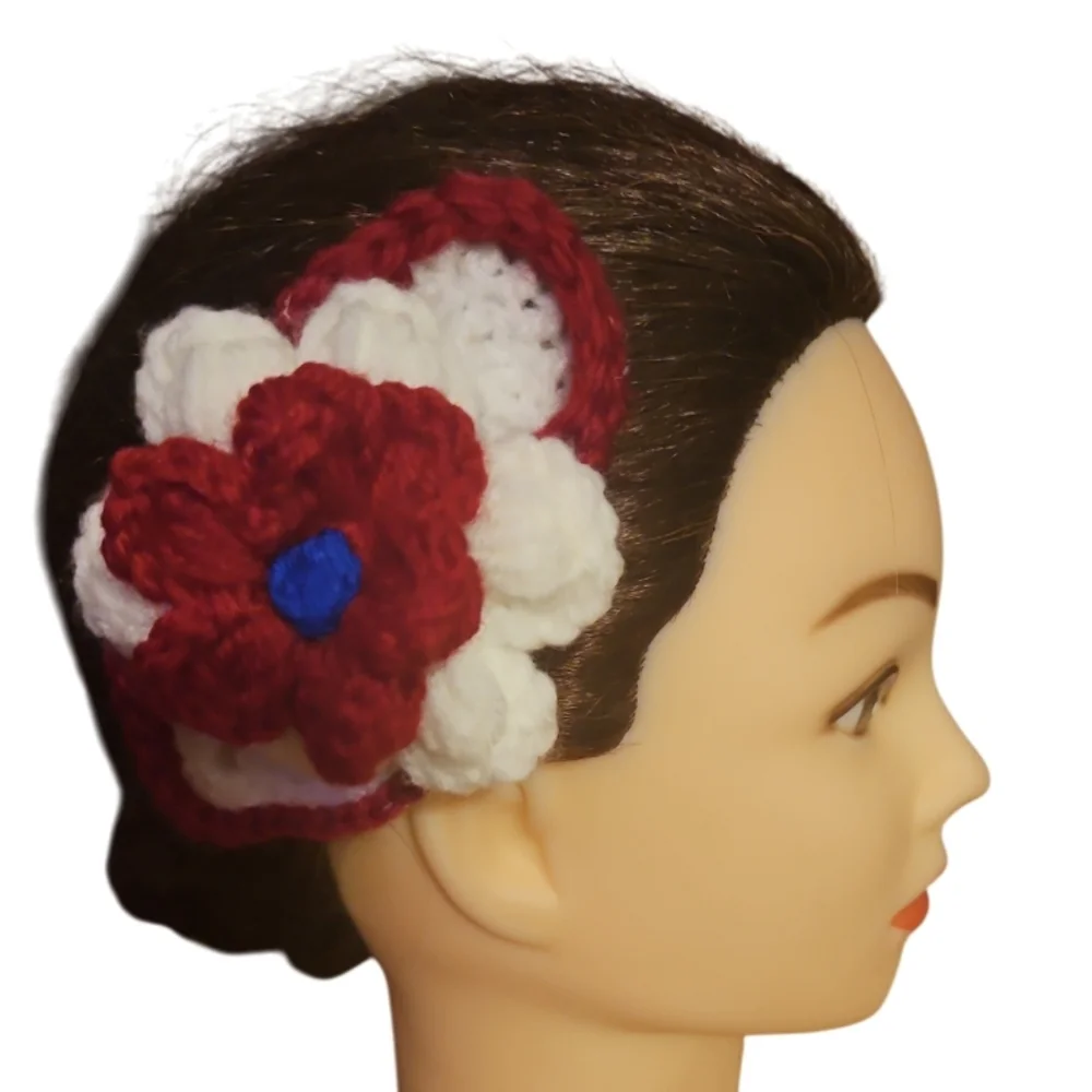 Handmade Red and White Crochet Flower Hair Accessory Hand Crafted 3-D Floral 6